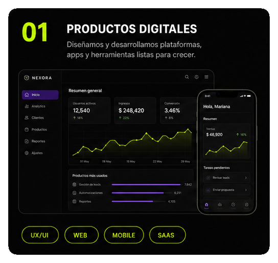 Paso 1: Productos digitales — dashboard y app móvil de ejemplo