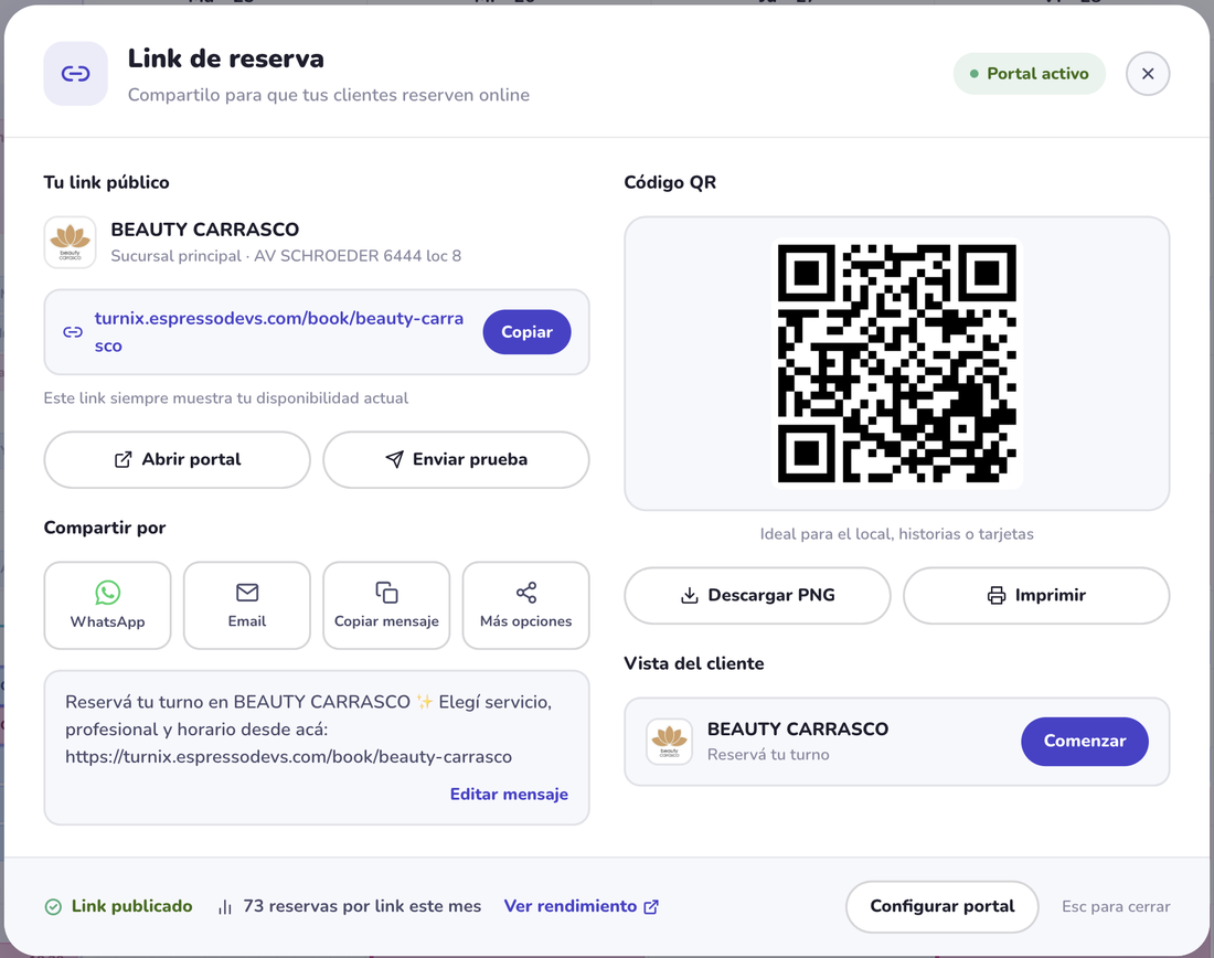 Modal de link de reserva de Turnix con código QR